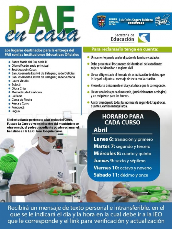Inician la entrega de alimentos del Programa Alimentación Escolar, PAE.Para reclamarlos debe atender las recomendaciones enviadas por mensaje de texto. 